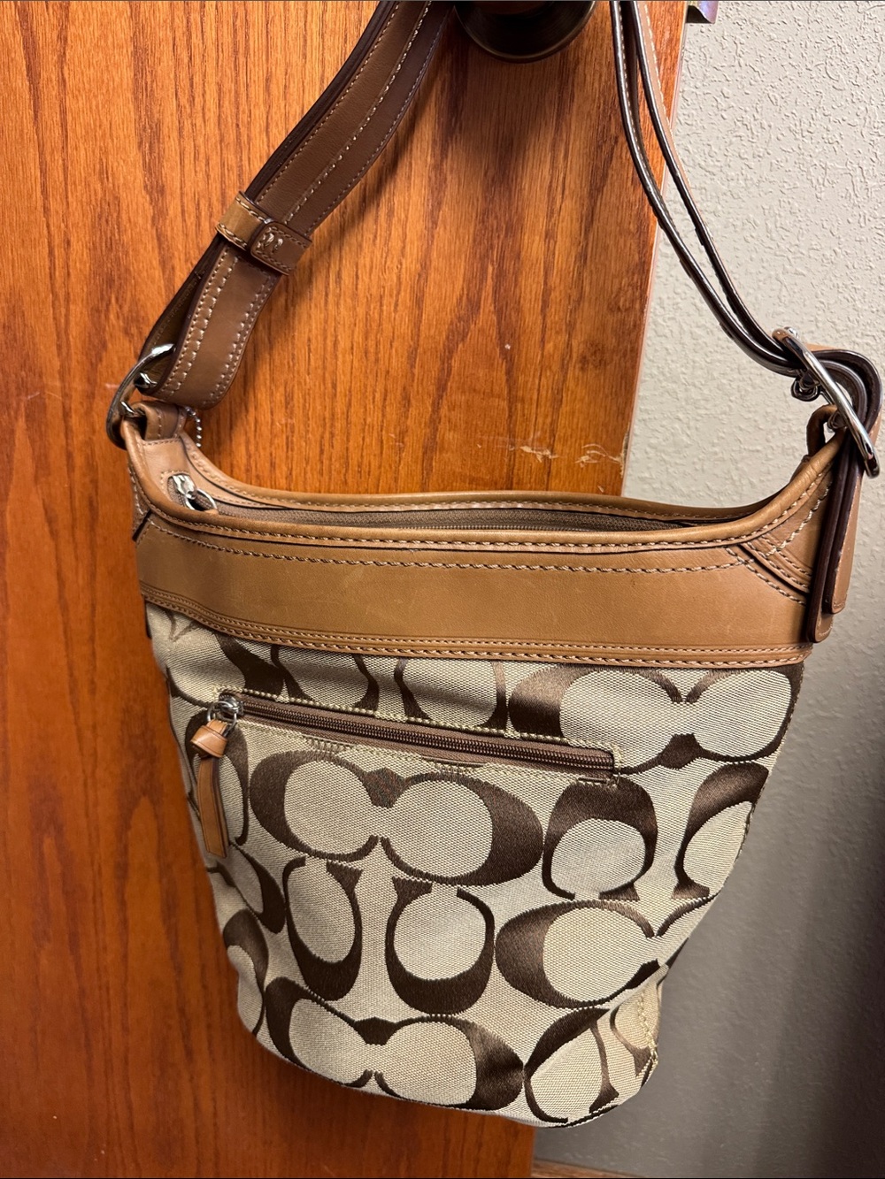 Coach Signature Canvas Shoulder Bag in Tan and Brown